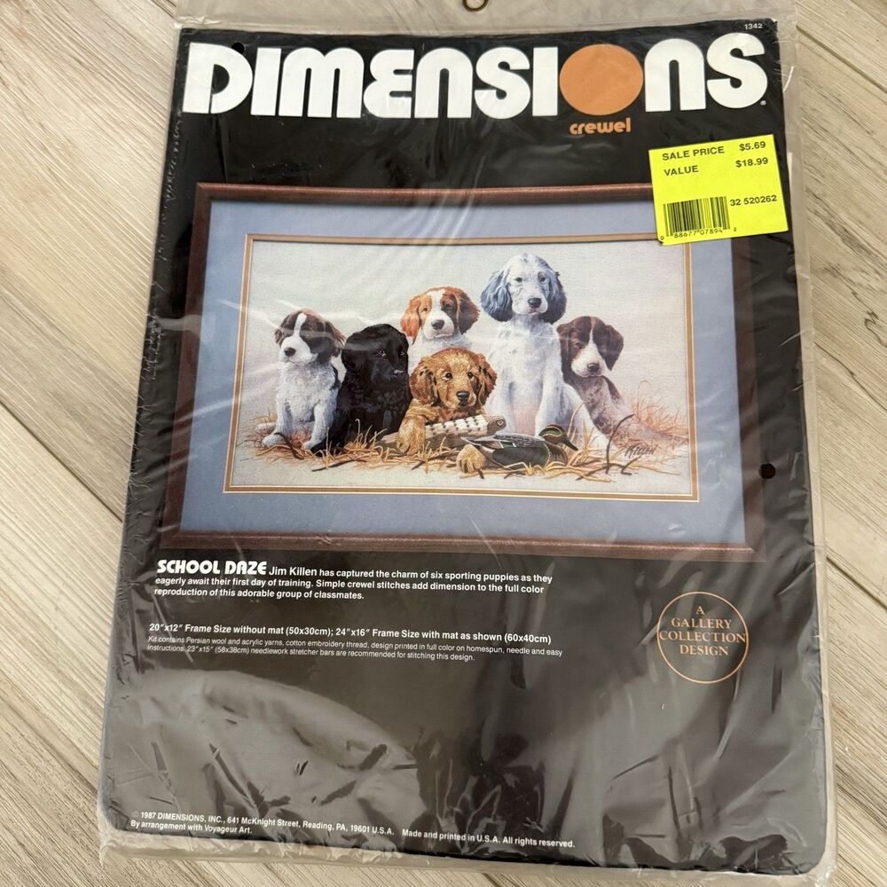 Vintage Dimensions School Daze Dogs Puppies Crewel Needlecraft Kit Sealed 1987